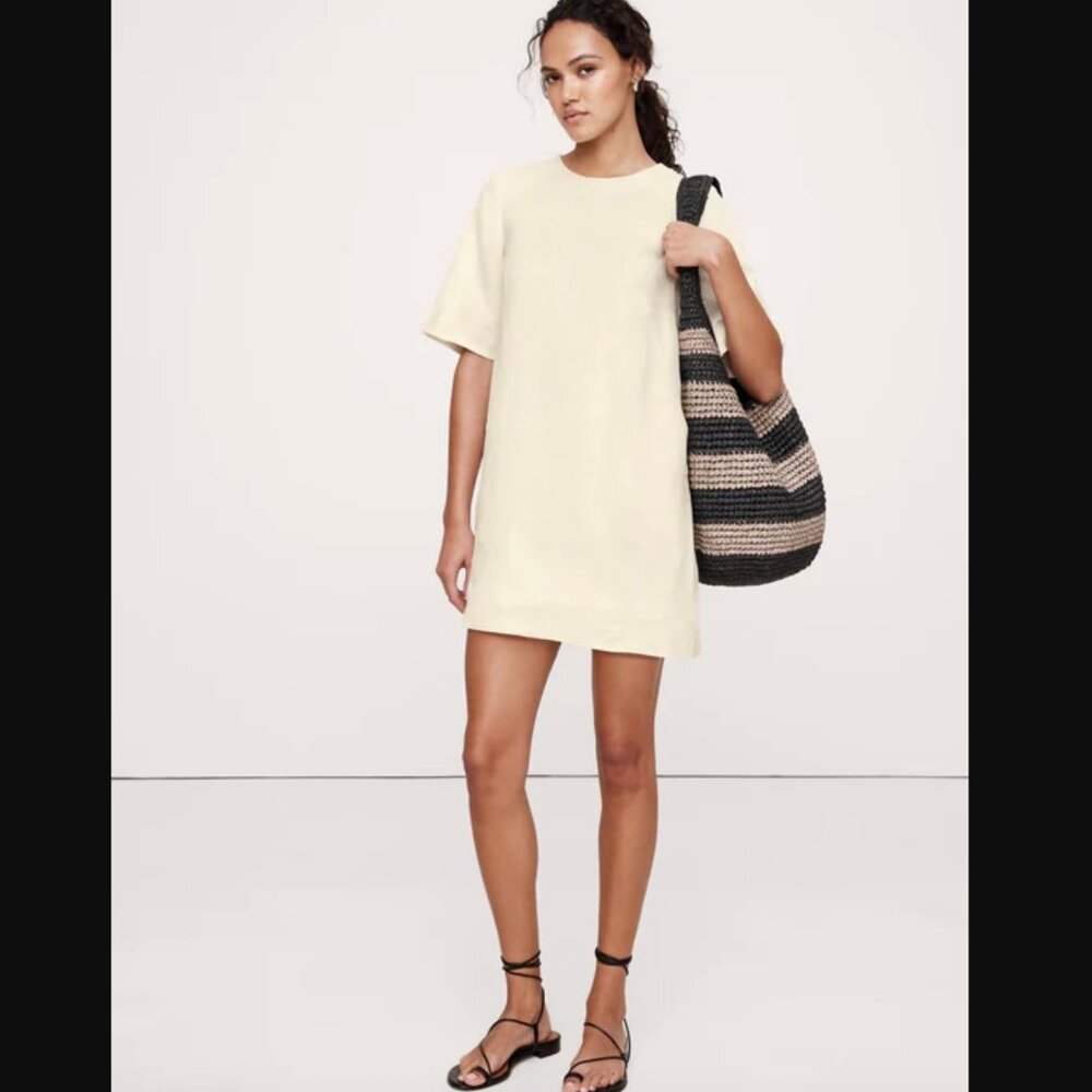 Banana Republic Linen Shift Dress in Transition Cream White | Size 4 Tall